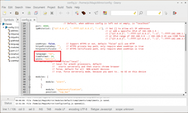 Outlined settings for language, time format, and units