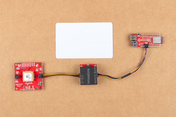 SparkFun Artemis Nano, Qwiic RFID Reader and Qwiic GPS connected together.