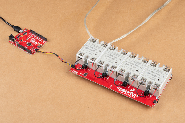 Quad SSR Kit with all four relays connected to a SparkFun RedBoard