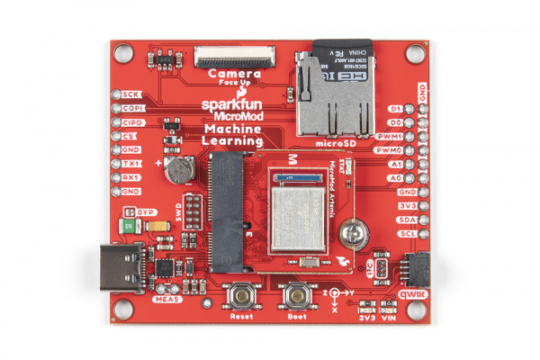 Top down image of Machine Learning Carrier Board with Artemis Processor board inserted correctly