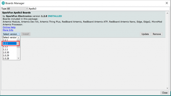 Board manager showing SparkFun Apollo3 Artemis install