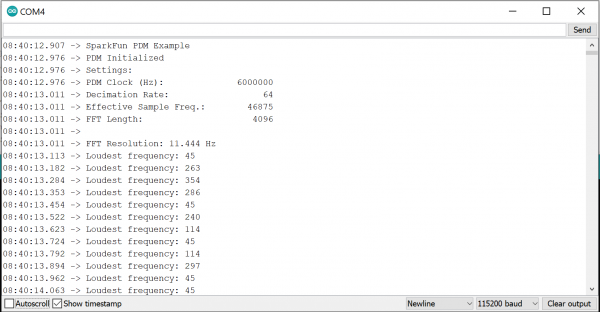 PDM Microphone example serial output