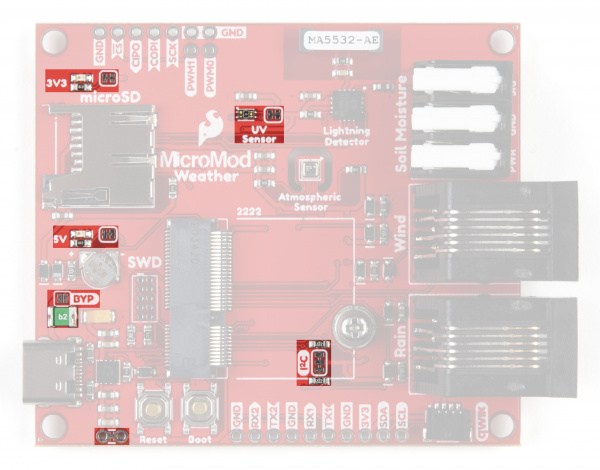 Highlighting the solder jumpers on the front of the Data Logging Carrier Board