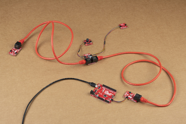 Photo of a completed QwiicBus Kit circuit in default power configuration