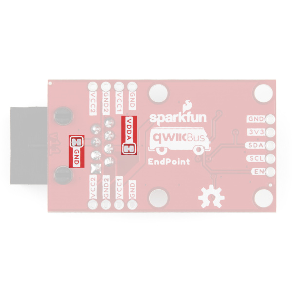 Photo of QwiicBus EndPoint highlighting solder jumpers on the bottom of the board