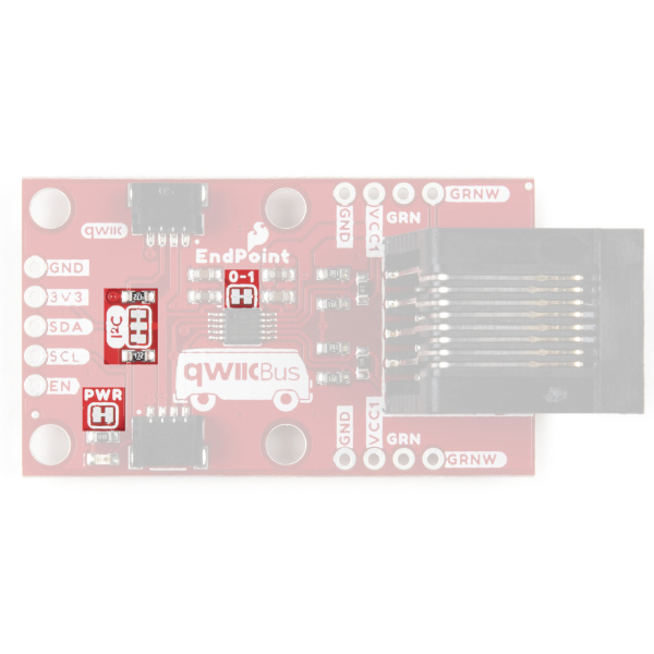 Photo of QwiicBus MidPoint highlighting solder jumpers on the top of the board