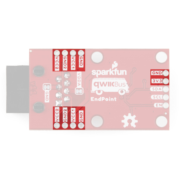 Photo of QwiicBus EndPoint highlighting the voltage PTH pins