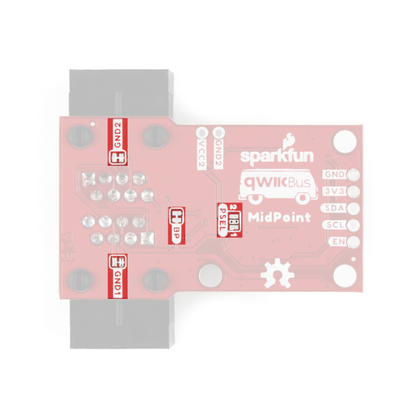 Photo of QwiicBus MidPoint highlighting solder jumpers on the bottom of the board