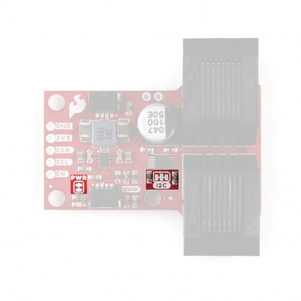 Photo of QwiicBus MidPoint highlighting solder jumpers on the top of the board