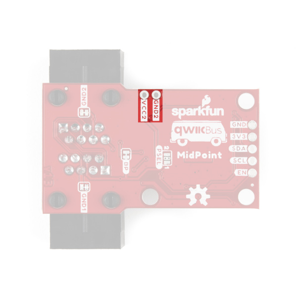 Photo of QwiicBus MidPoint highlighting the VCC2 and GND2 PTH pins.