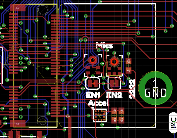 Eagle view of Machine Learning Carrier Board with Mics and pullups under the processor location