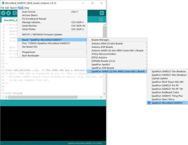 Board and COM Port Selection in the Arduino IDE