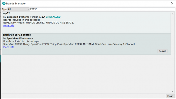 Board manager showing SparkFun ESP32 Boards install