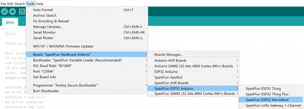 DropDown showing tools->Board->SparkFun ESP32 Arduino->SparkFun ESP32 MicroMod