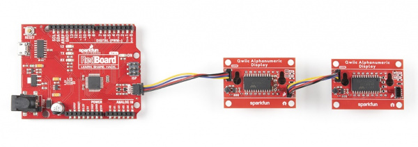 Image of RedBoard daisy chained to two Alphanumeric boards via Qwiic cables