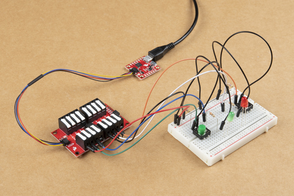 Demo circuit showing Qwiic GPIO connected to two LEDs and two buttons