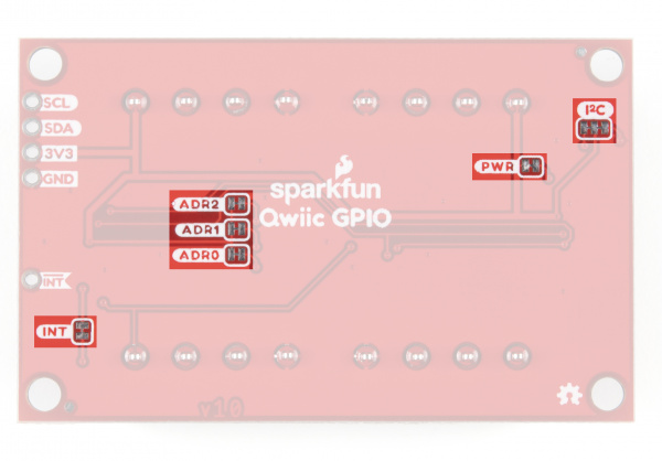 Photo highglighting Qwiic GPIO solder jumpers.