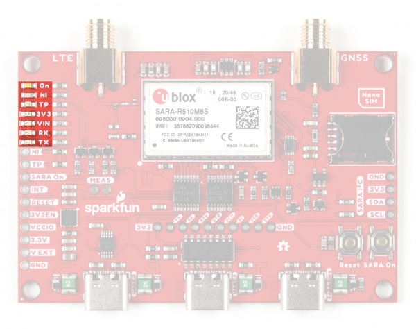 Photo highlighting LTE GNSS Breakout indicator LEDs