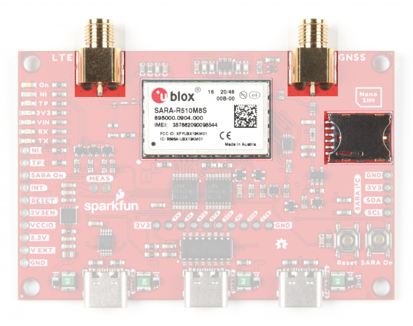 Photo highlighting the SARA-R5 module, LTE and GNSS antennas and Nano SIM slot.