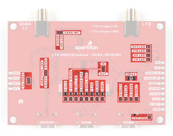 Photo highlighting all solder jumpers on the LTE GNSS Breakout.