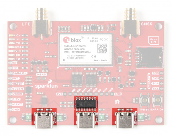 Photo highlighting the three USB-C connectors and CH340 IC.