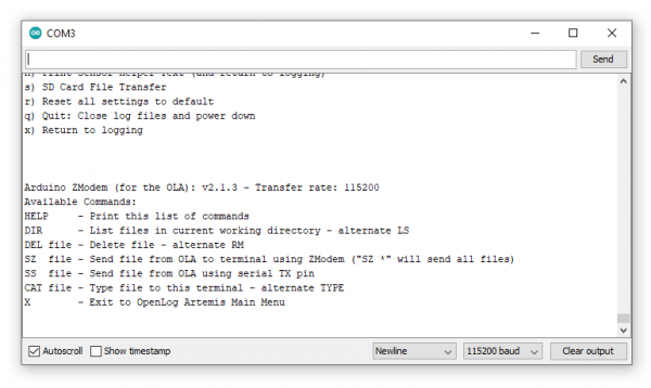 ZMODEM SD Card File Transfer Menu