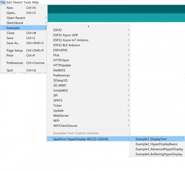 File Pulldown showing installed library with Example 1 selected