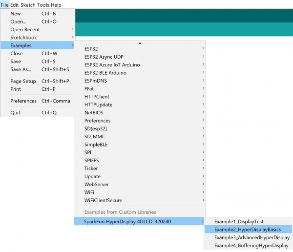 File Pulldown showing installed library with Example 2 selected