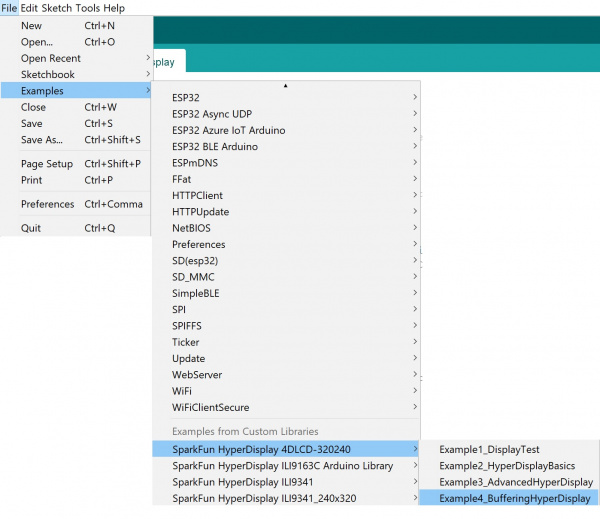 File Pulldown showing installed library with Example 4 selected