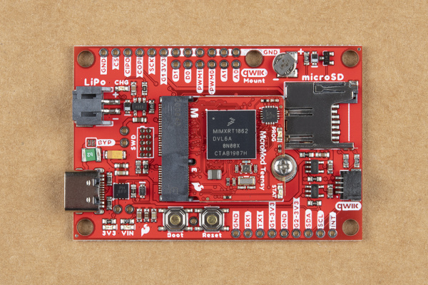 MicroMod Teensy Processor Board secured into place on the Data Logging Carrier Board.