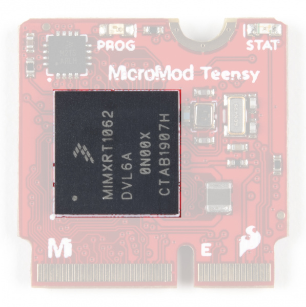 Photo of the Teensy Processor highlighting NXP iMXRT1062 IC.