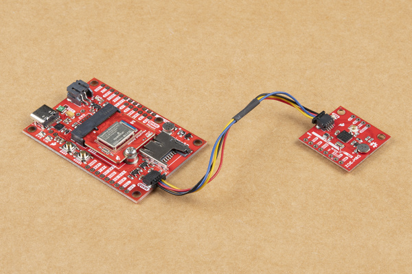 A Qwiic ZOE-M8Q GPS Module is connected to the Data Logging Carrier Board