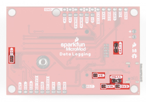 Highlighting the solder jumpers on the back of the Data Logging Carrier Board