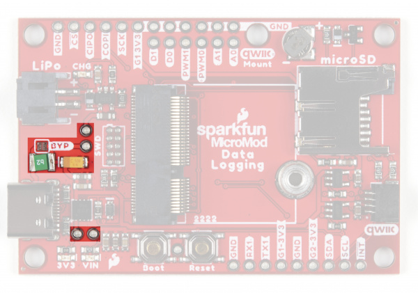 Highlighting the solder jumpers on the front of the Data Logging Carrier Board