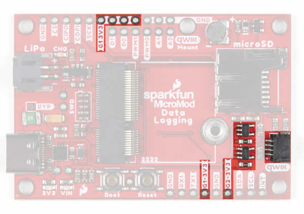 Photo highlighting the power control circuit and affected pins/Qwiic connector.