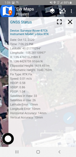 SW Maps showing 14mm horizontal accuracy