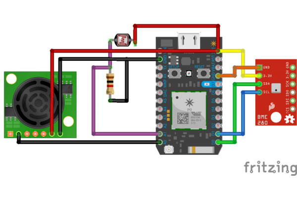 Photon to CdS, BME280, and ultrasonic circuit schematic