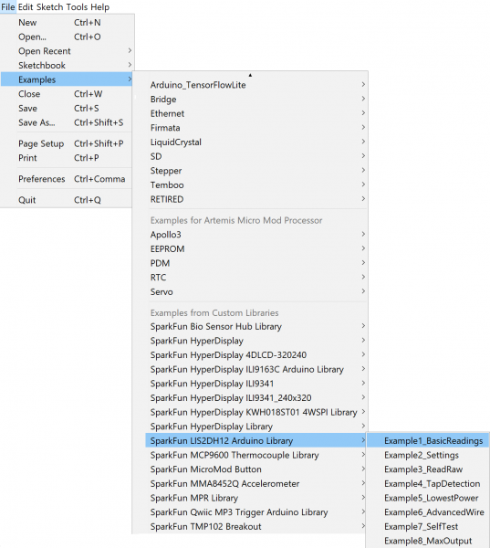 File->Examples->SparkFun LIS2DH12 Arduino Library