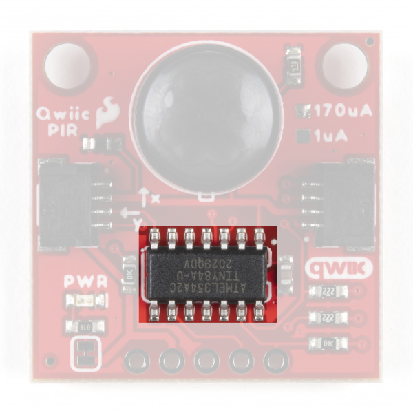 Qwiic PIR with the ATTiny84 IC Highlighted.