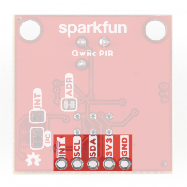 Highlighting the Qwiic PIR's PTH Header for I2C and Interrupt pin.