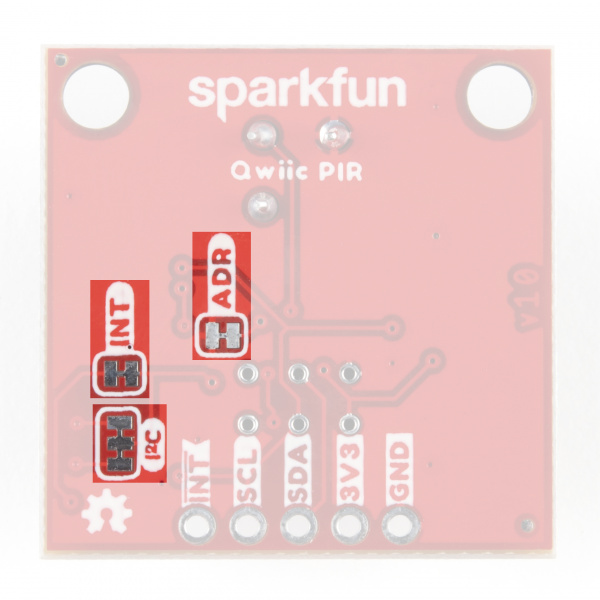 Highlighting the I2C, Interrupt and Address Jumpers on the back of the Qwiic PIR