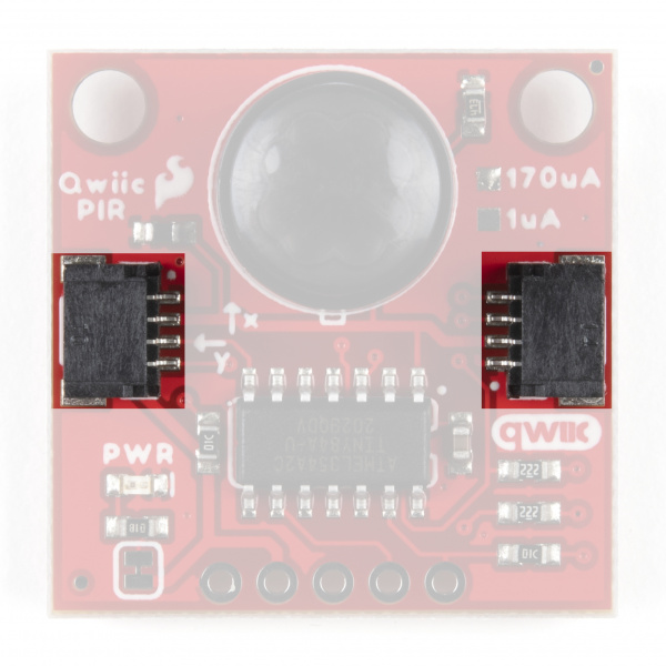 Highlighting the Qwiic connectors on the front of the Qwiic PIR