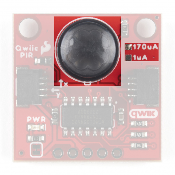 Photo of the Qwiic PIR with the Panasonic EKM PIR Sensor Highlighted.