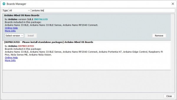 Arduino Boards Manager Tool with Arduino Mbed Core shown installed.