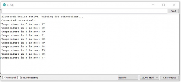 Arduino Serial monitor showing Bluetooth connection and BME280 Temperature Data.