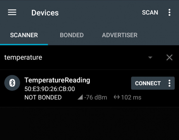 Screenshot of nRF Connect App showing TemperatureReading BLE Device