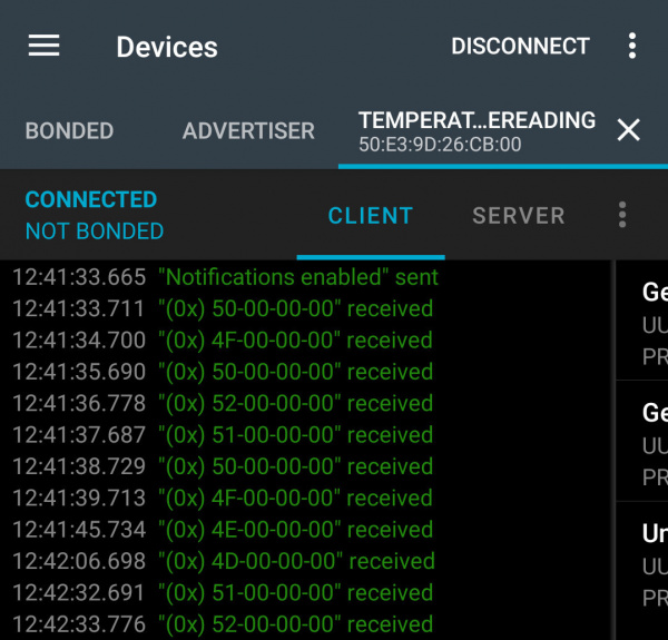 Screenshot of nRF Connect App showing Temperature Data log.