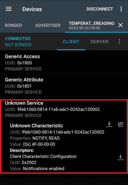 Screenshot of nRF Connect App enabling notifications from the nRF52840