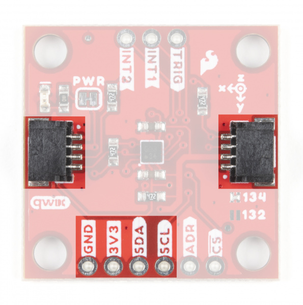 Photo highlighting the Qwiic connectors and I2C PTH pins.