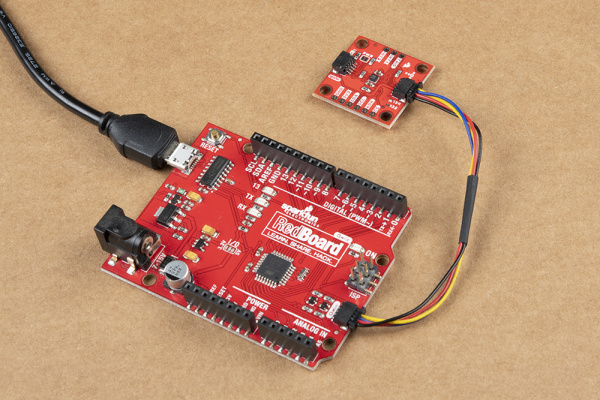 Photo showing assembled Qwiic KX13x circuit with RedBoard Qwiic